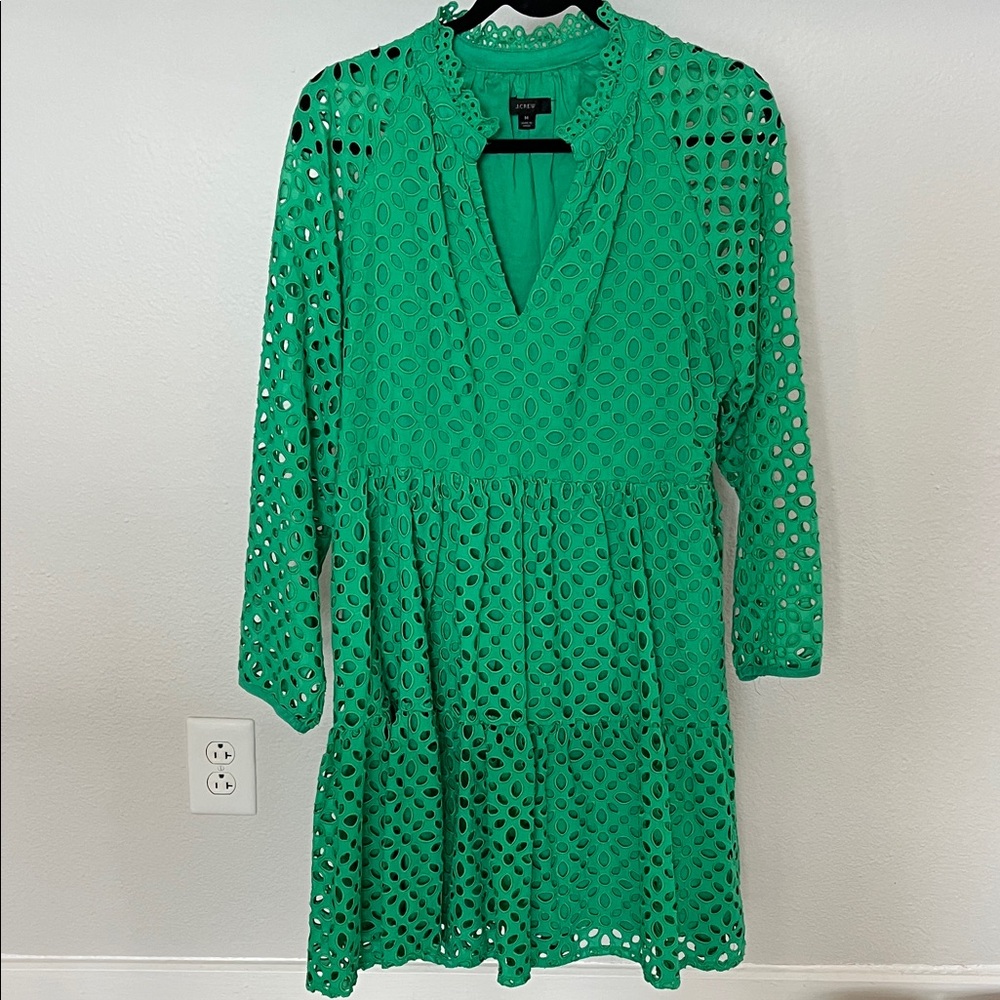 J. Crew Green Eyelet Long Sleeve Dress
